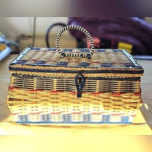 Vintage Blue, red & white sewing basket - GUC